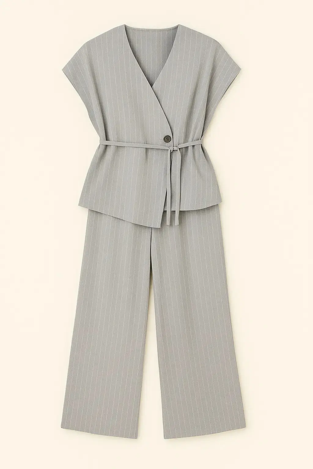 Completo gessato con gilet corto con fusciacca e pantaloni wide leg - Image 7