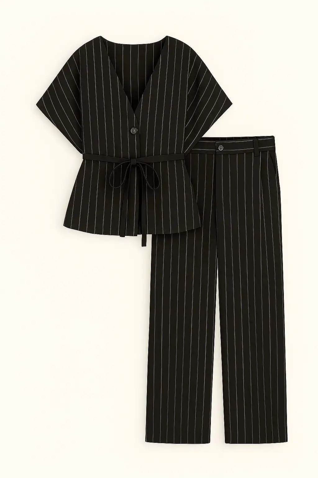 Completo gessato con gilet corto con fusciacca e pantaloni wide leg - Image 8