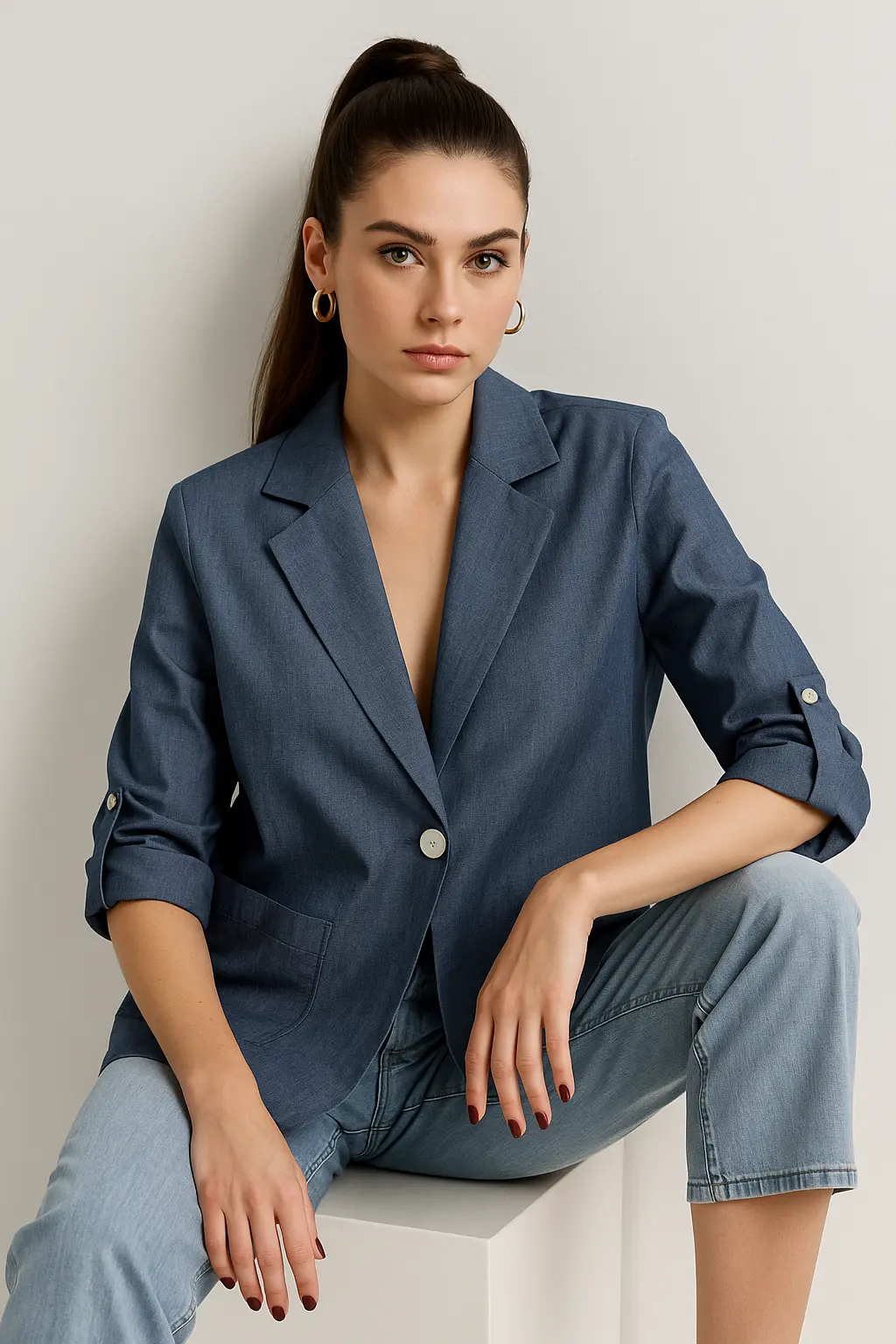 Giacca maniche a tre quarti con risvolto in chambray