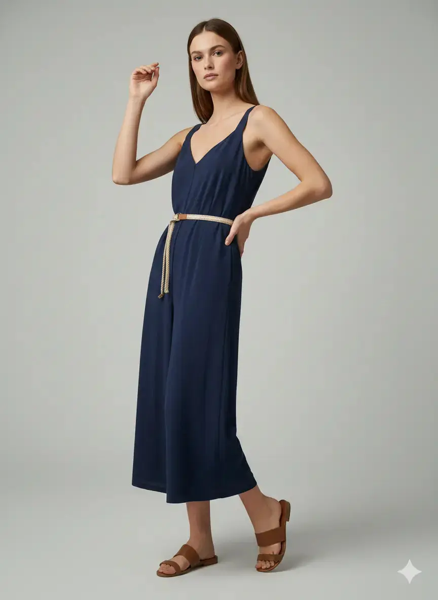 Jumpsuit con scollo a "V" e cinturino in vita - Image 3