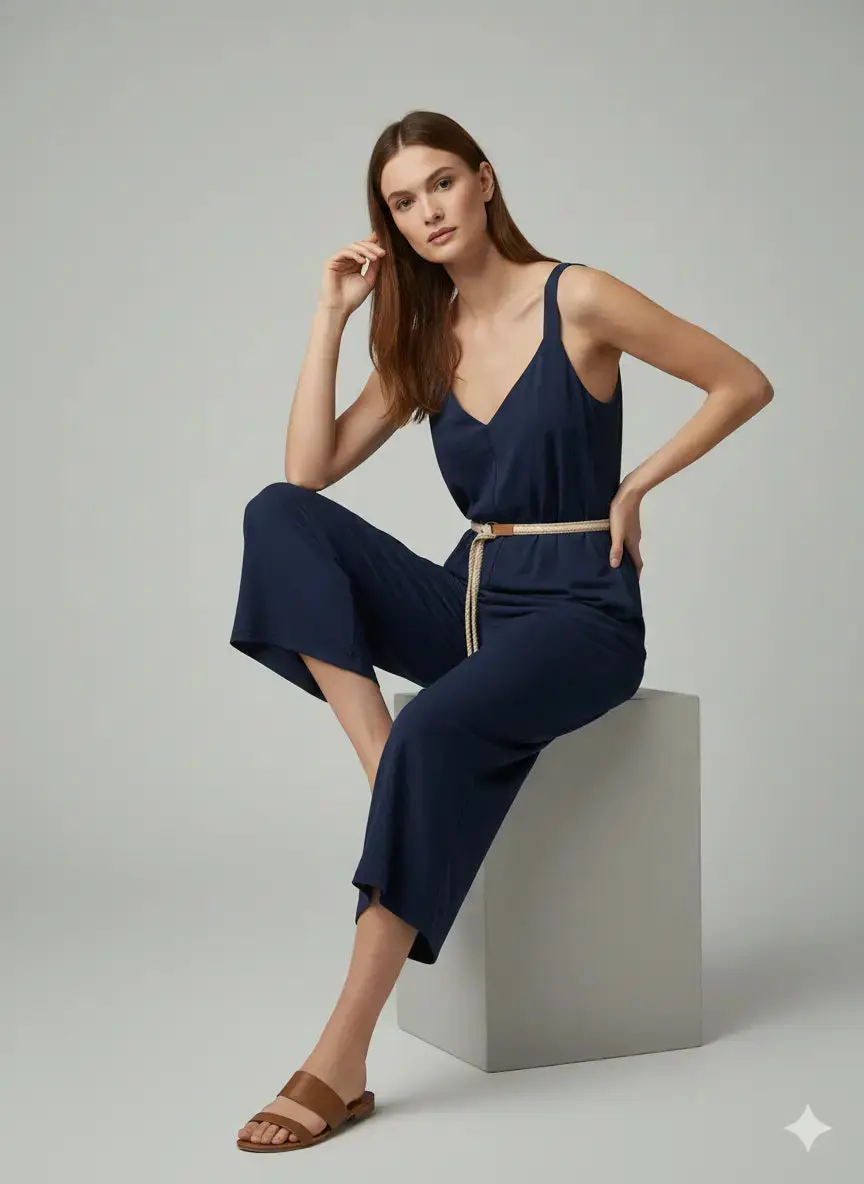 Jumpsuit con scollo a "V" e cinturino in vita - Image 4