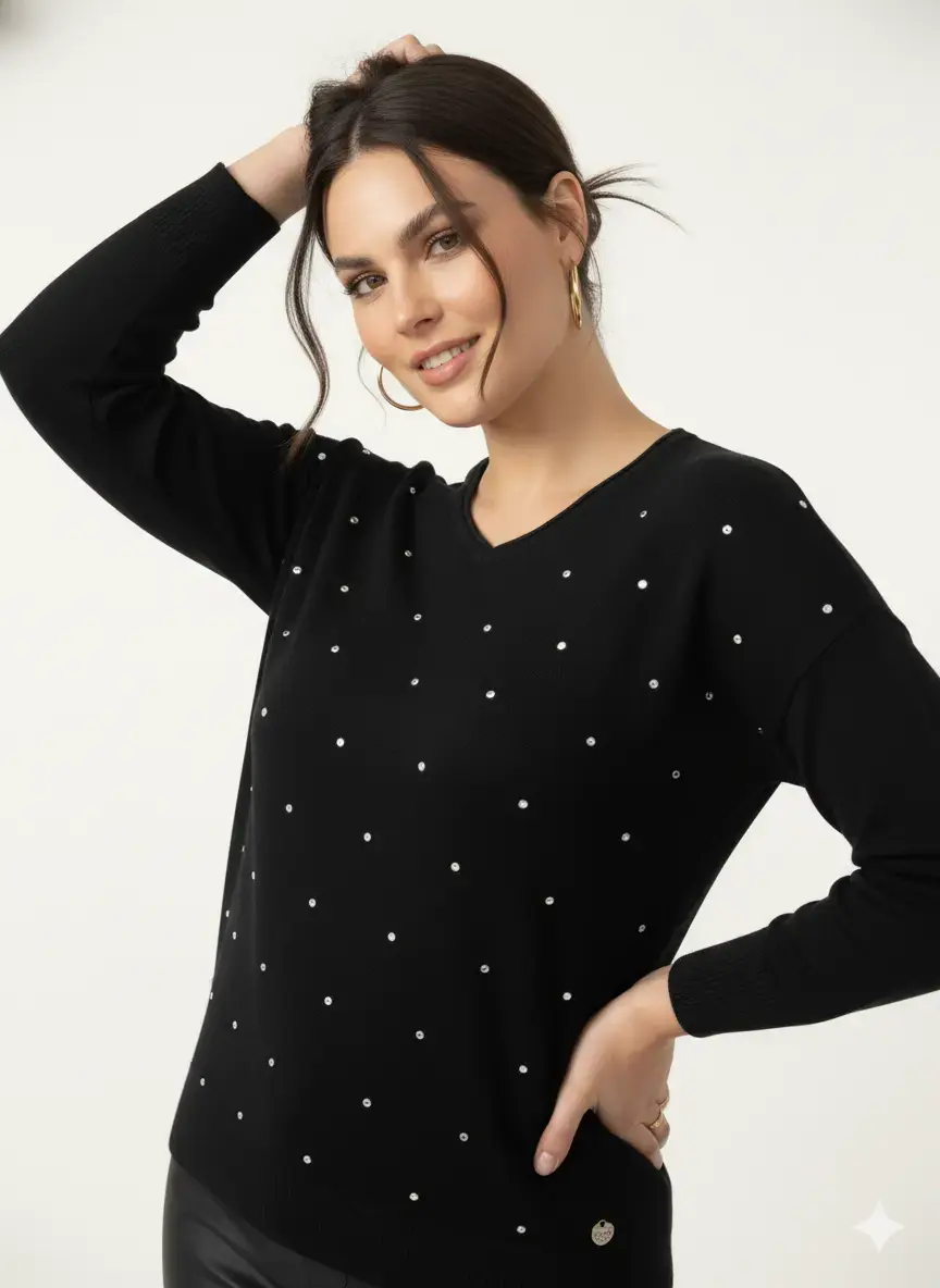 Maglia con strass e scollo a "V" - Image 2
