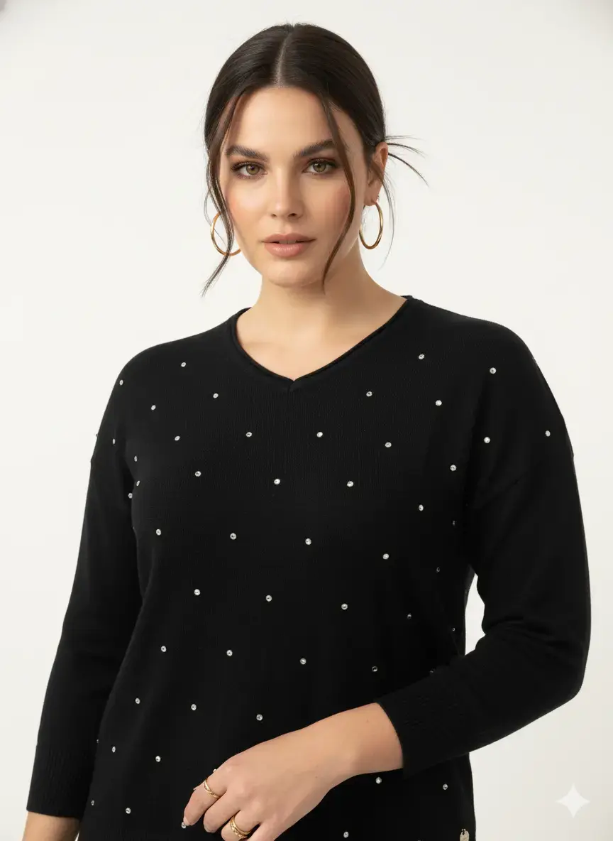 Maglia con strass e scollo a "V" - Image 3