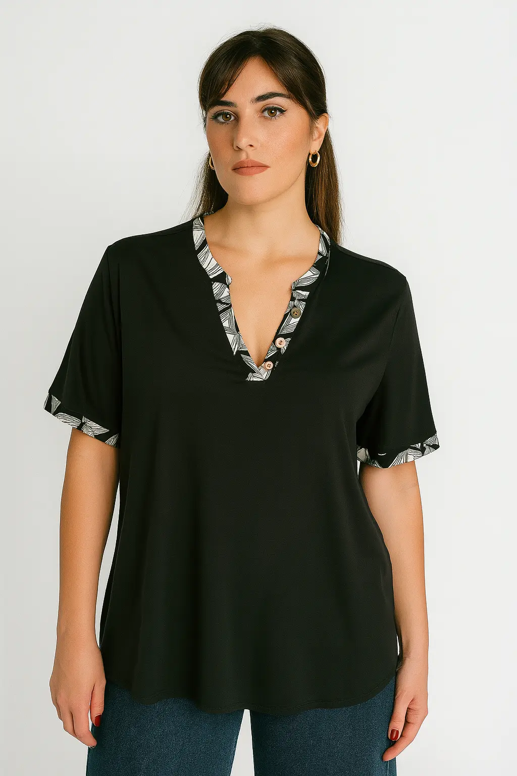 Maglia scollo a "V" con profili fantasia e bottoni - Image 6