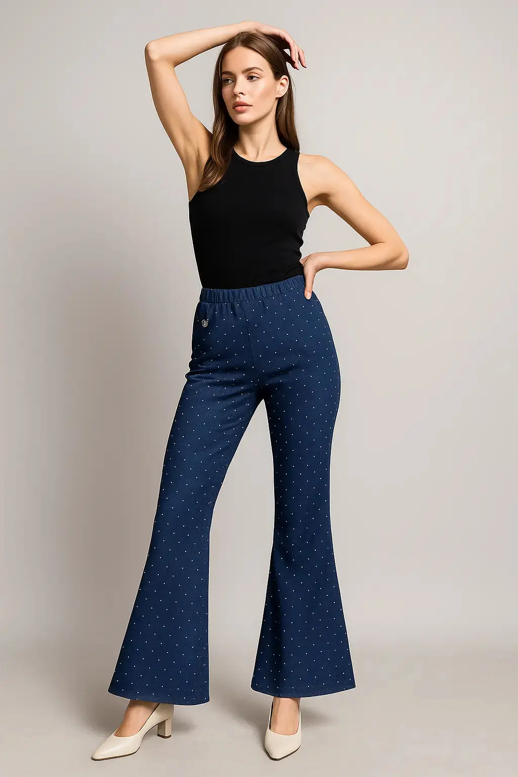 Pantalone con bustino elastico in tessuto chambray di cotone con strass - Image 2
