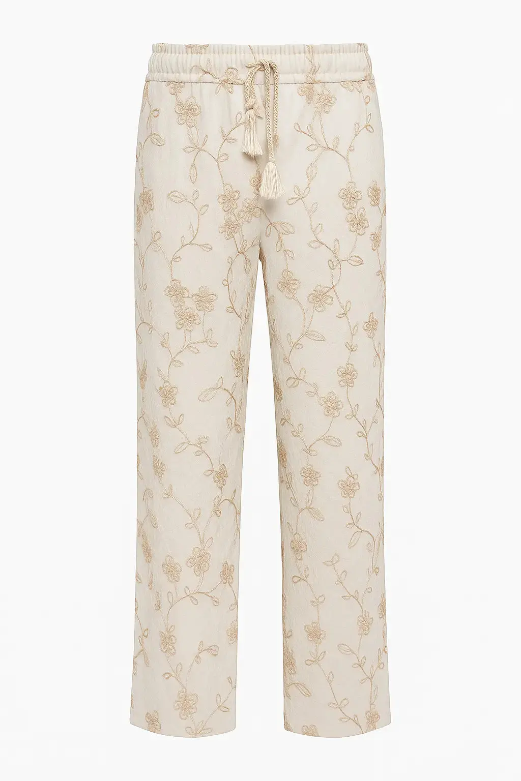 Pantaloni ampi in tessuto ricamato con bustino elastico e laccetti in corda
