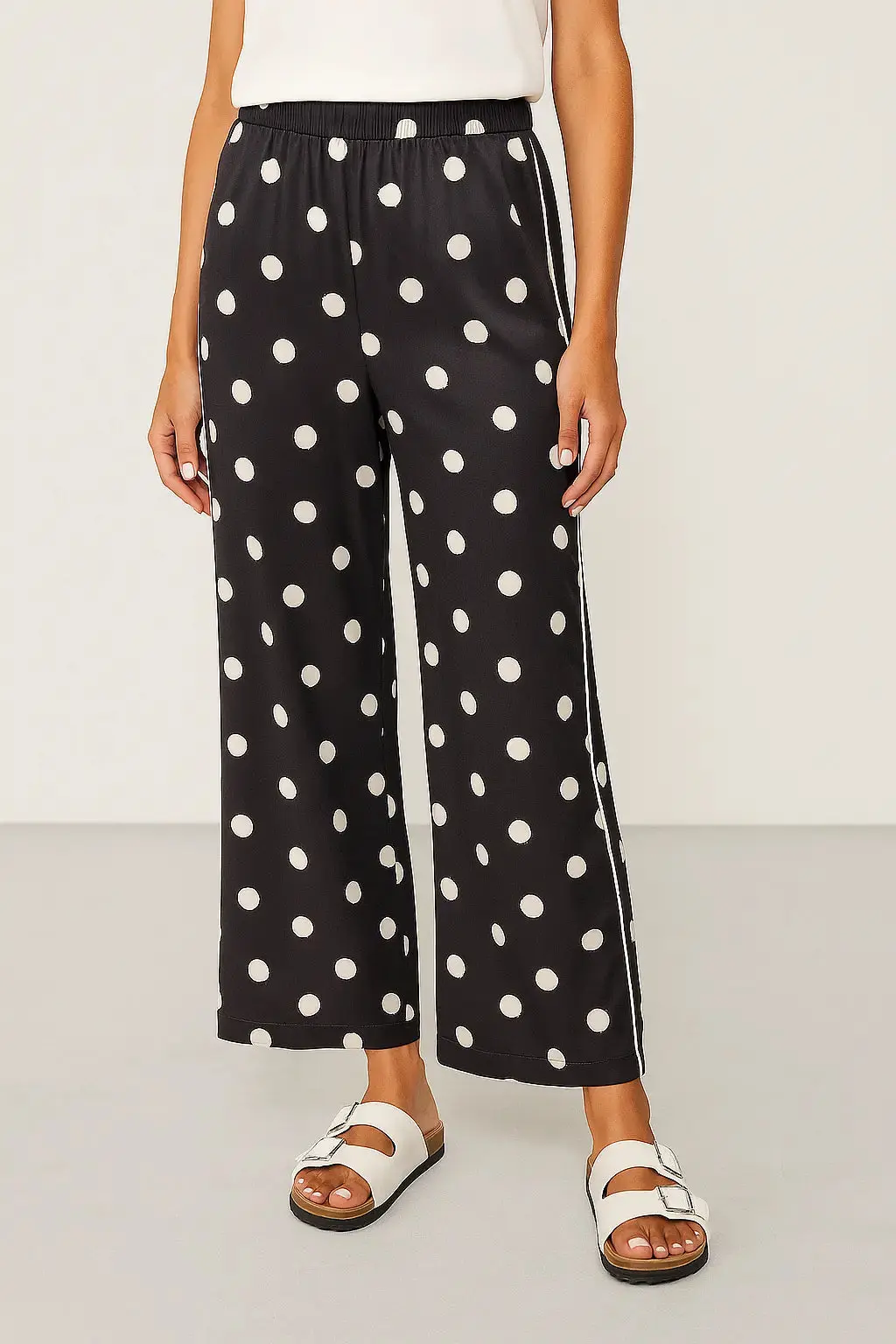 Pantaloni palazzo a pois con piping laterale a contrasto - Image 2